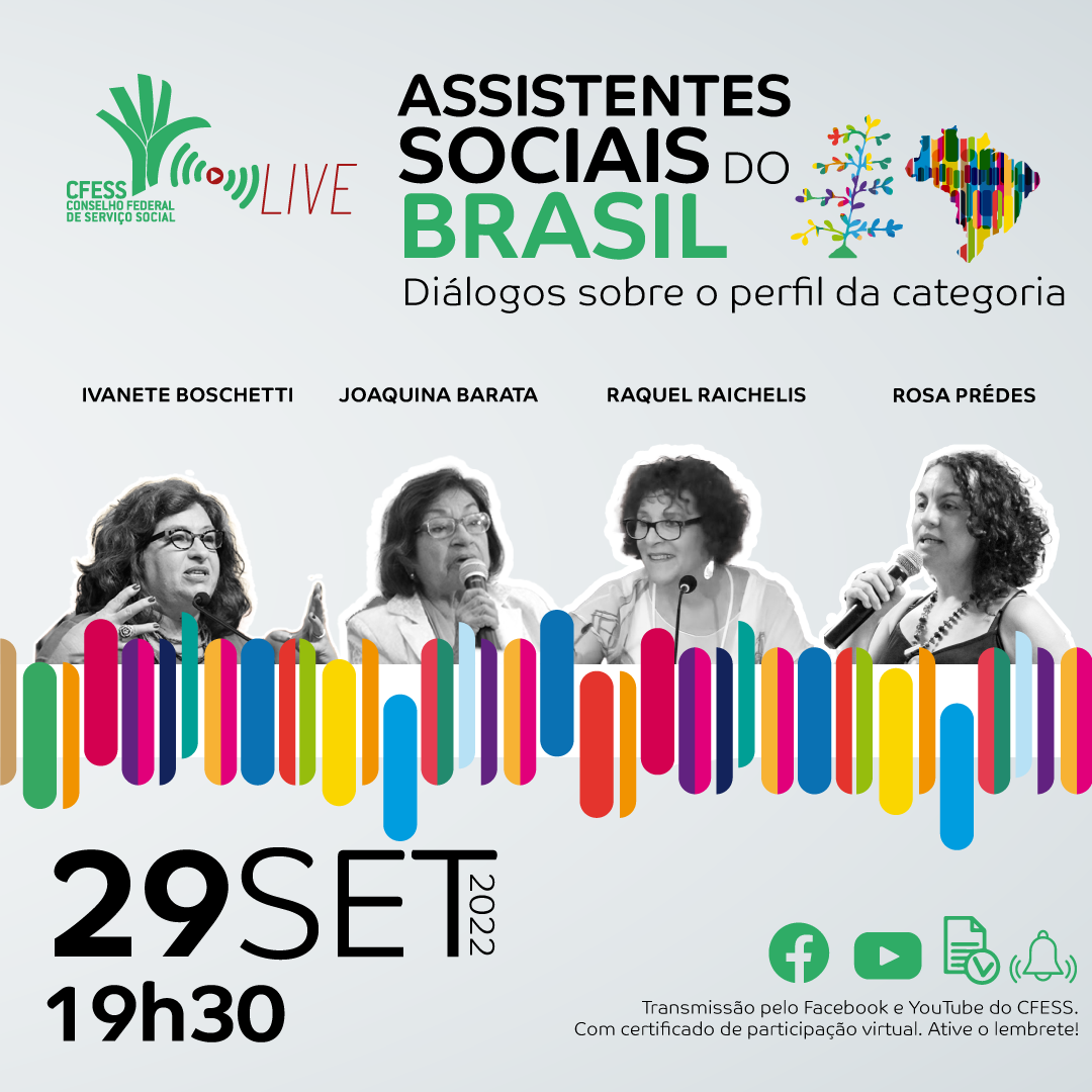 Card cinza tem foto das palestrantes sobre Imagem colorida e chamada para a live Assistentes Sociais no Brasil