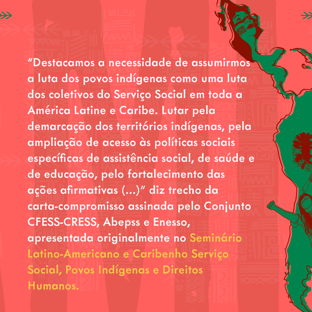 Card com fundo vermelho destaca o Dia Internacional dos povos indígenas e trecho da carta-compromisso das entidades participantes do Seminário Latino-Americano em 2022. 