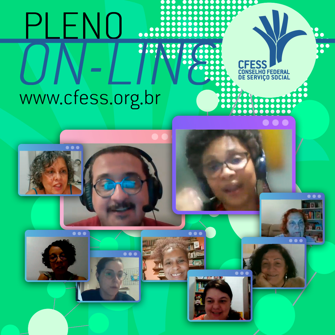 Card com fundo verde e título Pleno On-Line traz imagens de participantes do Pleno do CFESS.