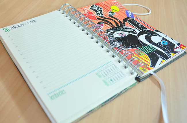 Fotografia mostra agenda aberta, com páginas com laudas e divisórias coloridas, separando mês a mês