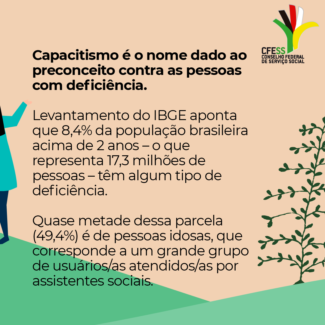 Card com fundo bege traz informações sobre o capacitismo e dados do IBGE sobre pessoas com deficiência. 