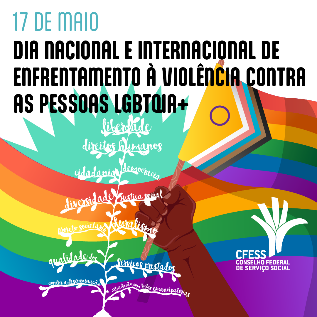 Card destaca a data de luta, um braço negro erguendo a bandeira LGBTQIA+ e a árvore do Código de Ética da categoria ao fundo