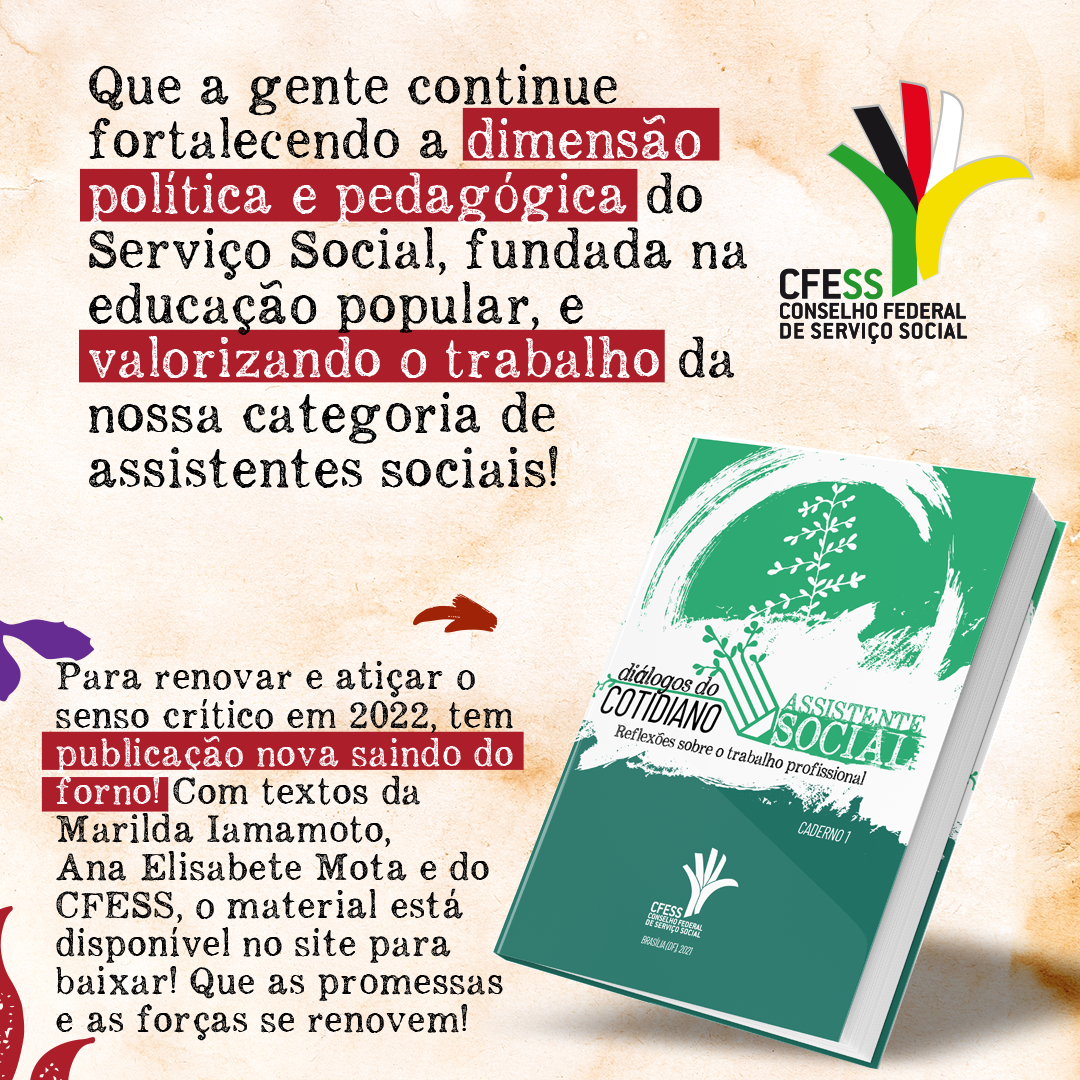 Card com fundo bege traz a imagem da nova publicação do CFESS, com capa verde e título Diálogos do cotidiano - assistente social.