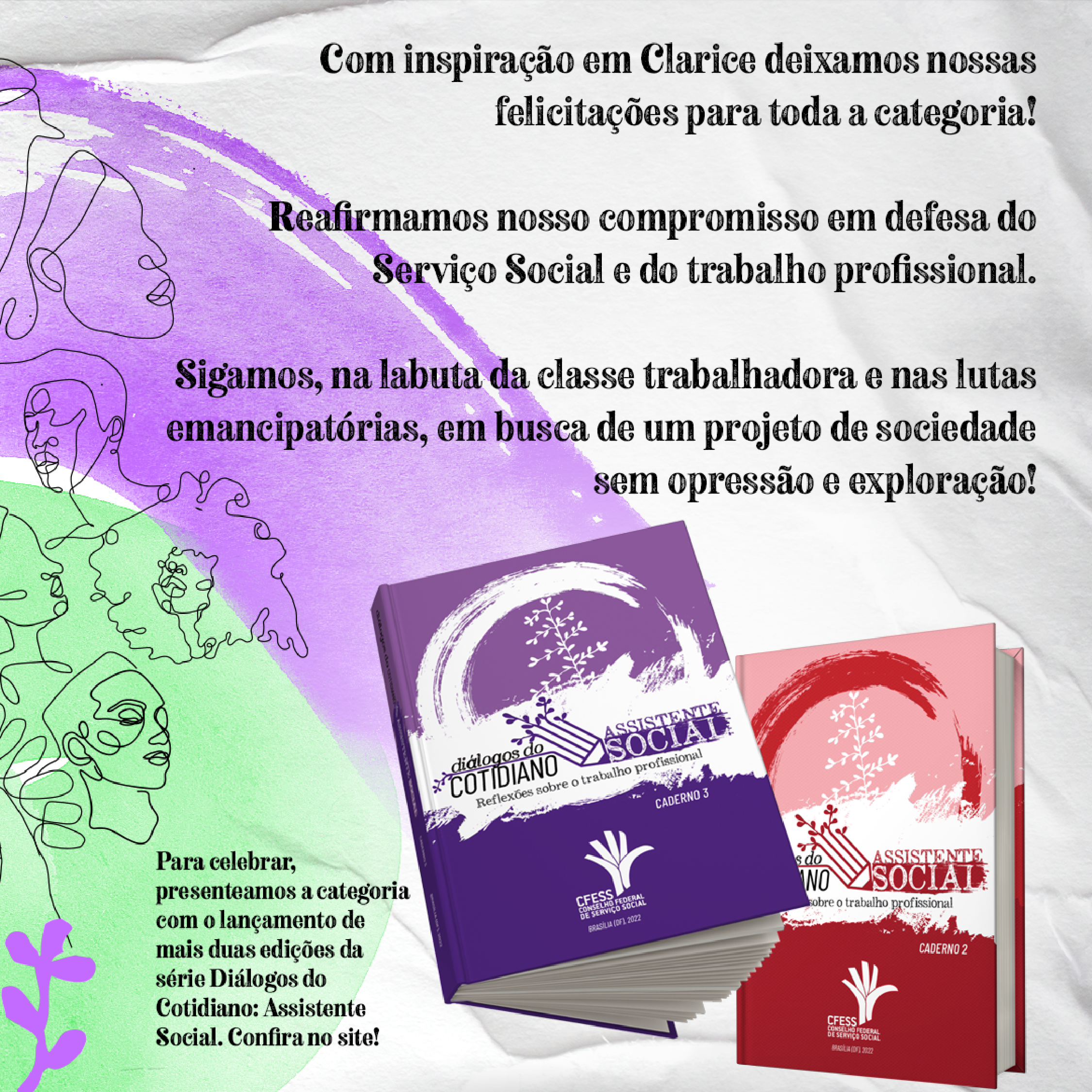 card com fundo branco traz imagens das duas novas publicações do CFESS, o caderno 2 e 3 da série Diálogos do Cotidiano.