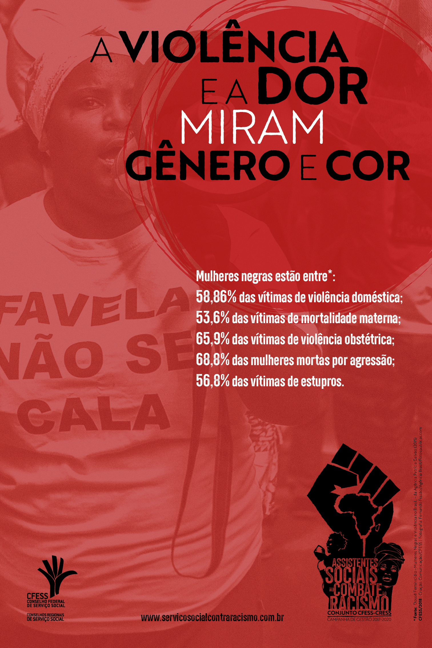 Cartaz mostra mulher negra manifestando-se com uma camiseta escrito favela. No topo do cartaz, o slogan A violência e dor miram gênero e cor. Abaixo, em letras menores, os dados da violência contra as mulheres negras. 