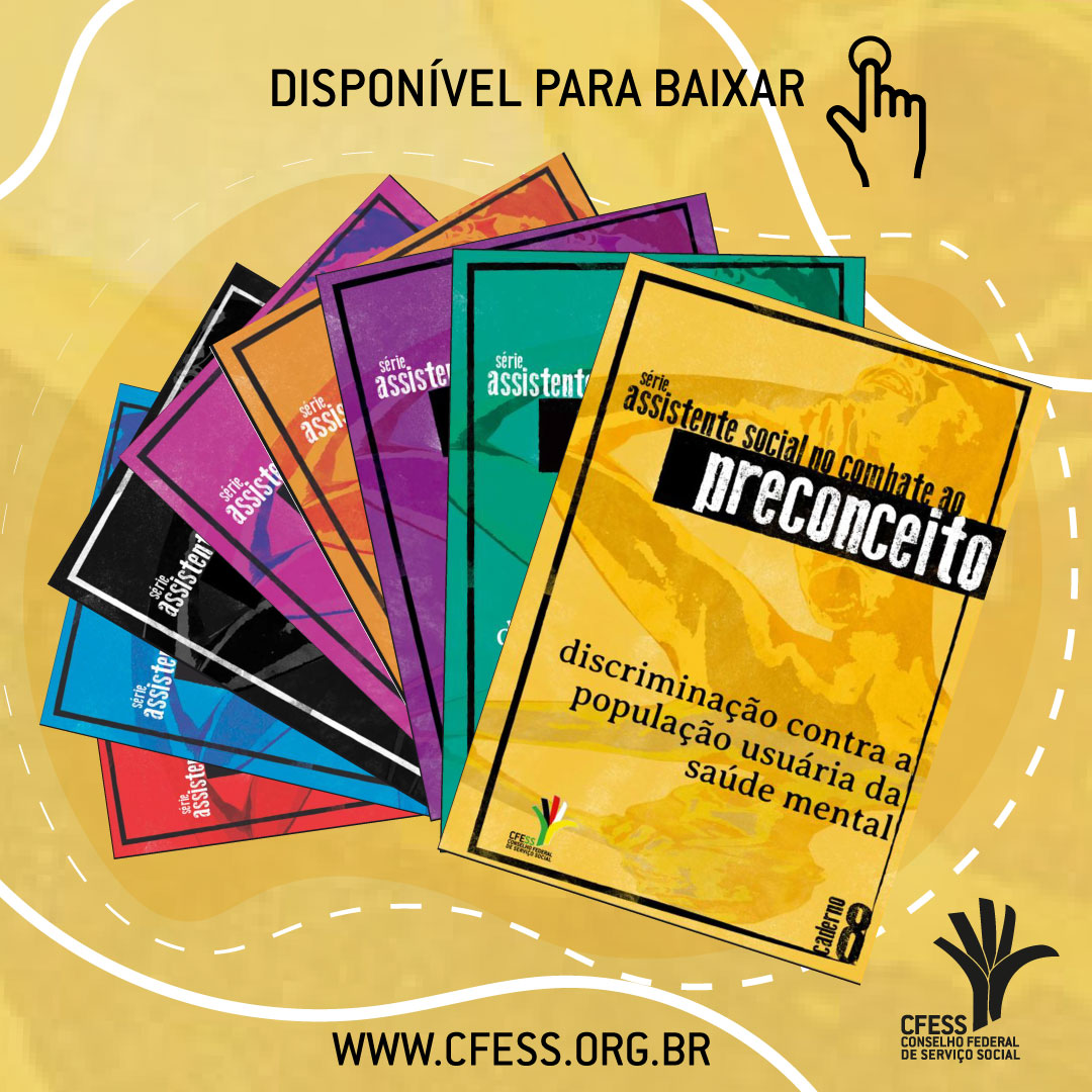card com fundo amarelo mostra os cadernos da série assistente social no combate ao preconceito em forma de leque, com o novo caderno em destaque na frente.