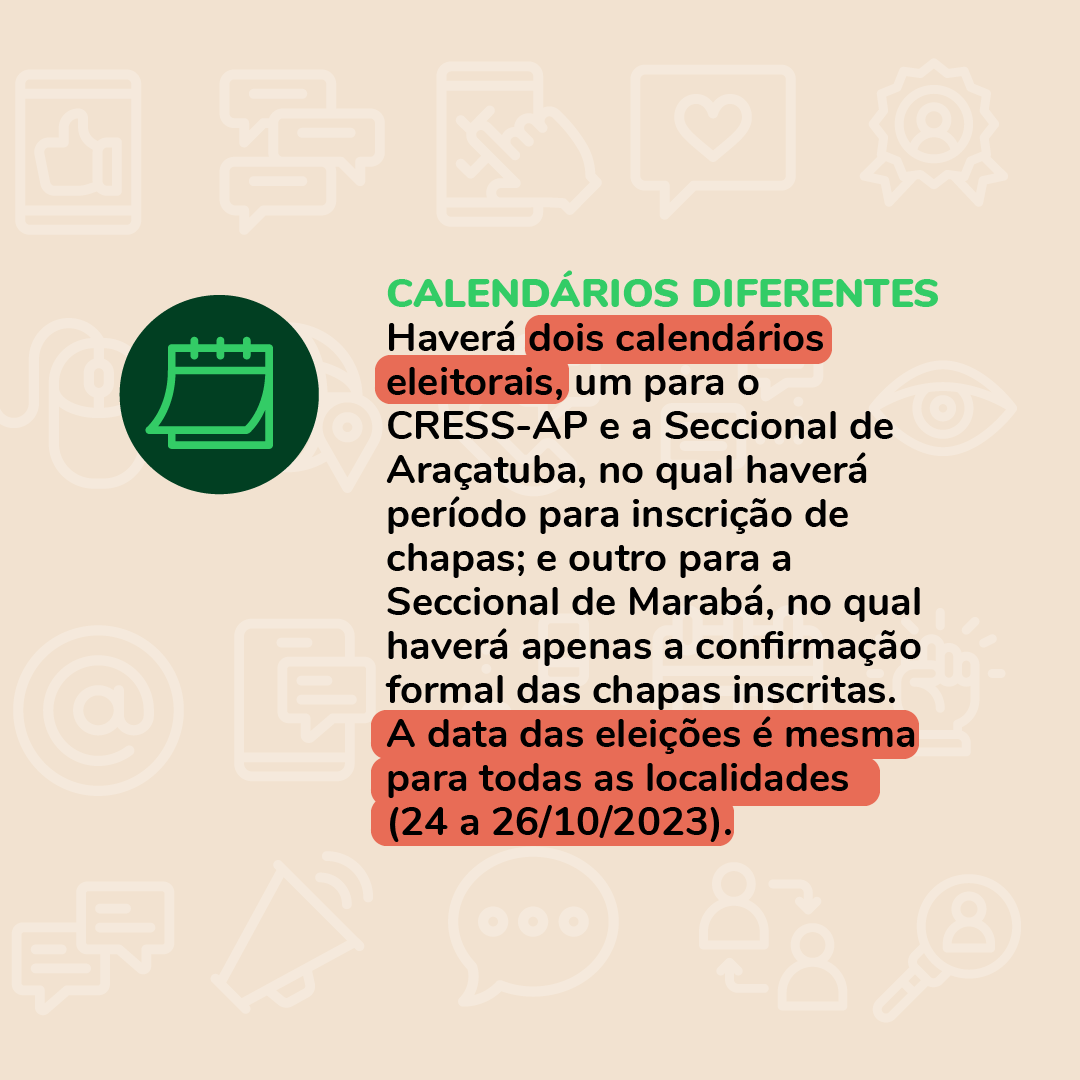 Card com fundo bege traz a logo das eleições e informações sobre os dois diferentes calendários eleitorais que haverá para a nova votação.