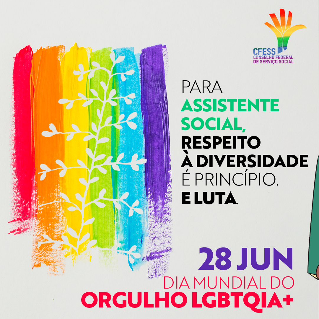 Card com as cores do arco-íris LGBT em formato de pintura de parede com a árvore de Bispo do Rosário em cima, simbolizando o compromisso do Serviço Social com o orgulho LGBTQIA+. 