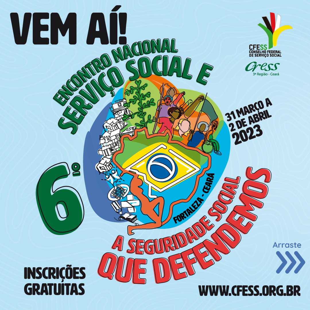 Card azul traz nome do evento e logo, ilustração do mapa do Brasil carregado por Iracema e cercado de pessoas, casas e símbolos representando várias políticas sociais