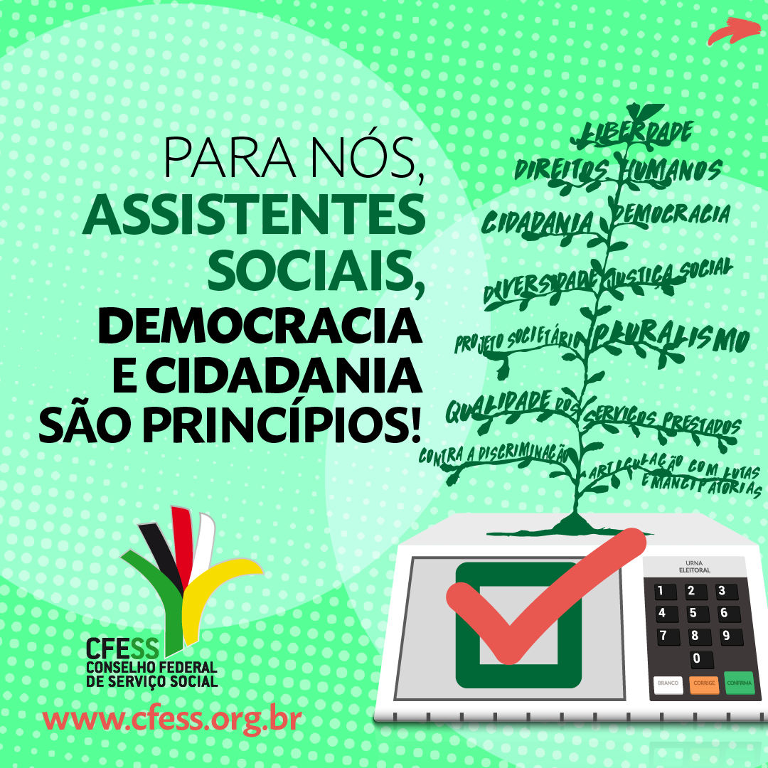 cards verdes trazem textos convocando a categoria a votar, além de ilustrações que remetem aos princípios do Código de Ética, às urnas eletrônicas e à votação.