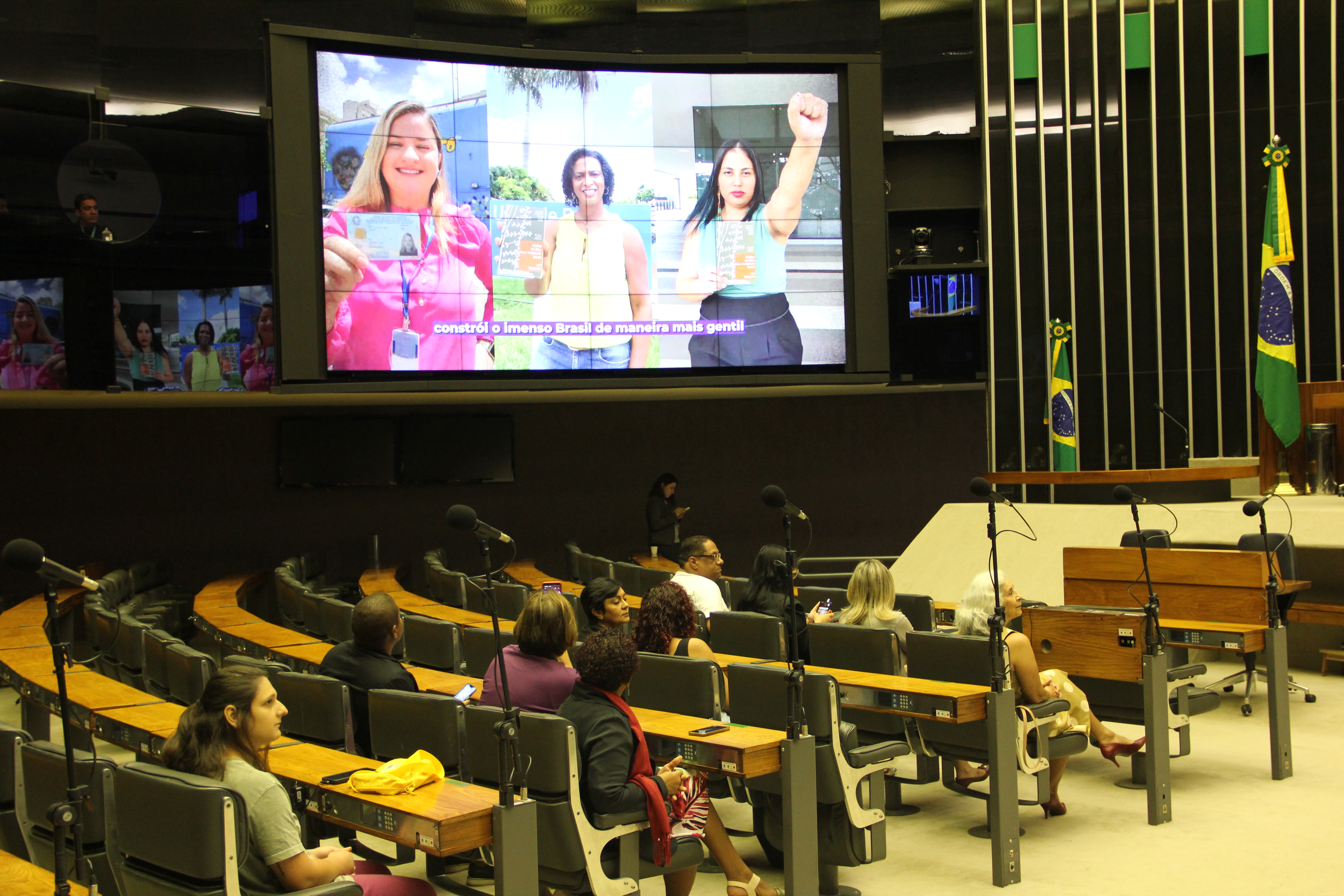 Imagem mostra o plenário da Câmara dos Deputados, com o vídeo do Dia da Assistente Social ao fundo, no telão.
