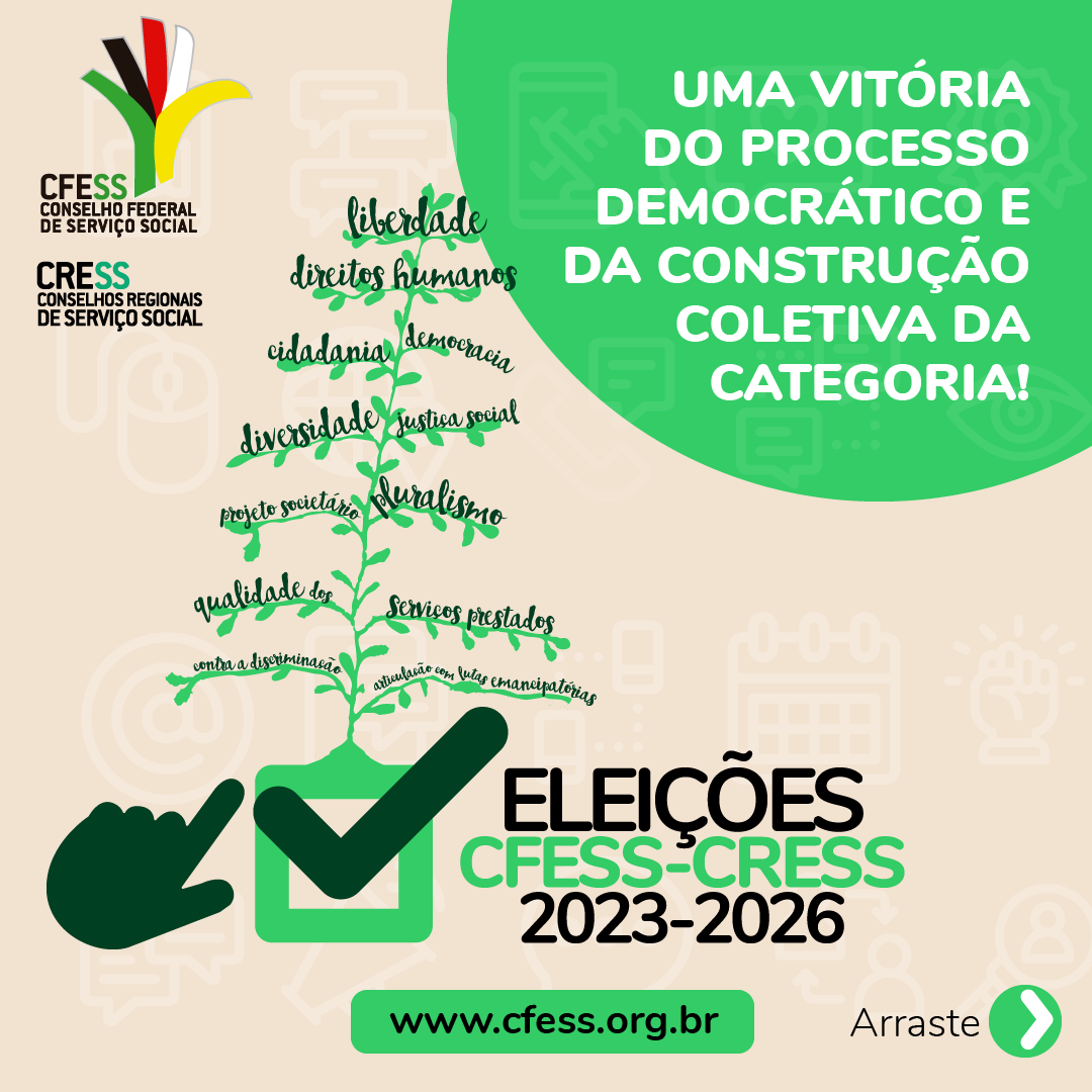 Card bege e verde destaca a árvore e princípios do Código de Ética e o destaque para a construção coletiva da categoria