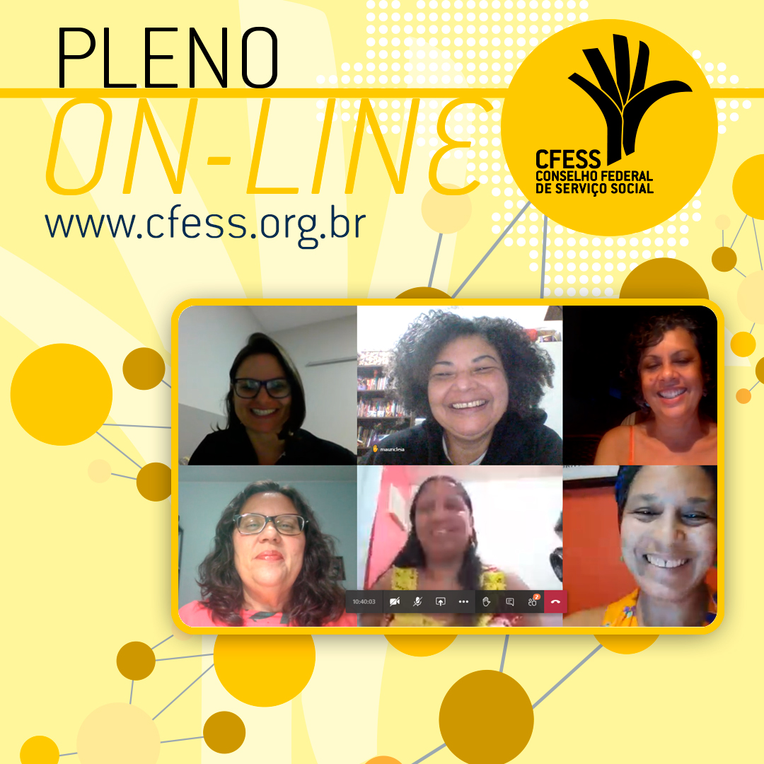 Imagem com fundo amarelo e título 'Pleno On-line' traz fotos de conselheiras do CFESS, como se ligadas por uma rede.