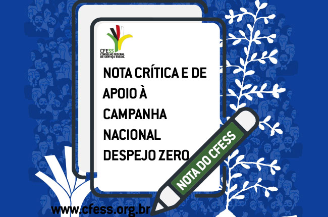 Card com o fundo azul escuro traz a imagem de um bloco de notas e um lápis com o título Nota crítica e de apoio à campanha nacional desejo zero.