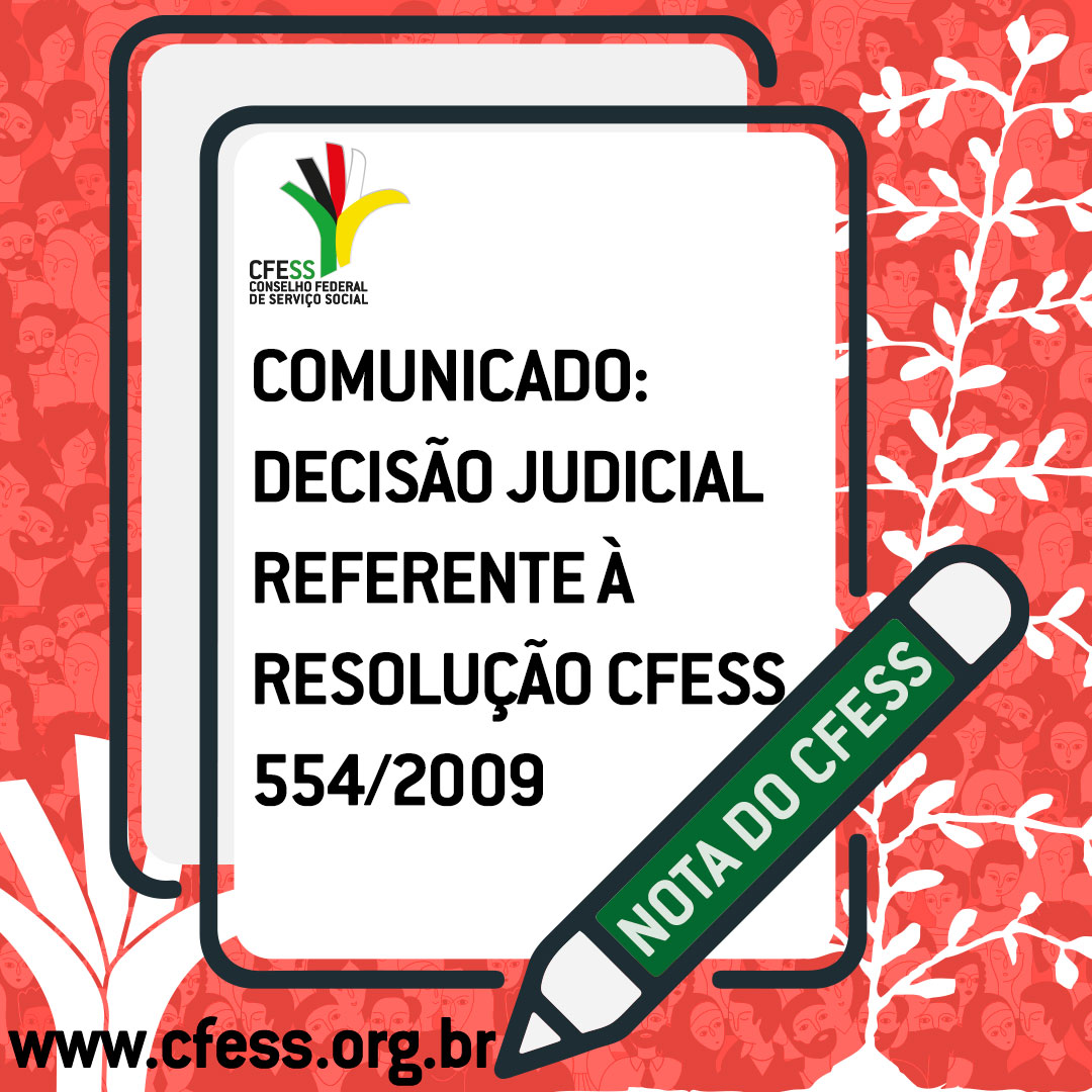 Card com fundo vermelho e ilustração de uma tela de um tablet, com o texto Comunicado: decisão judicial referente à resolução CFESS 554/2009.