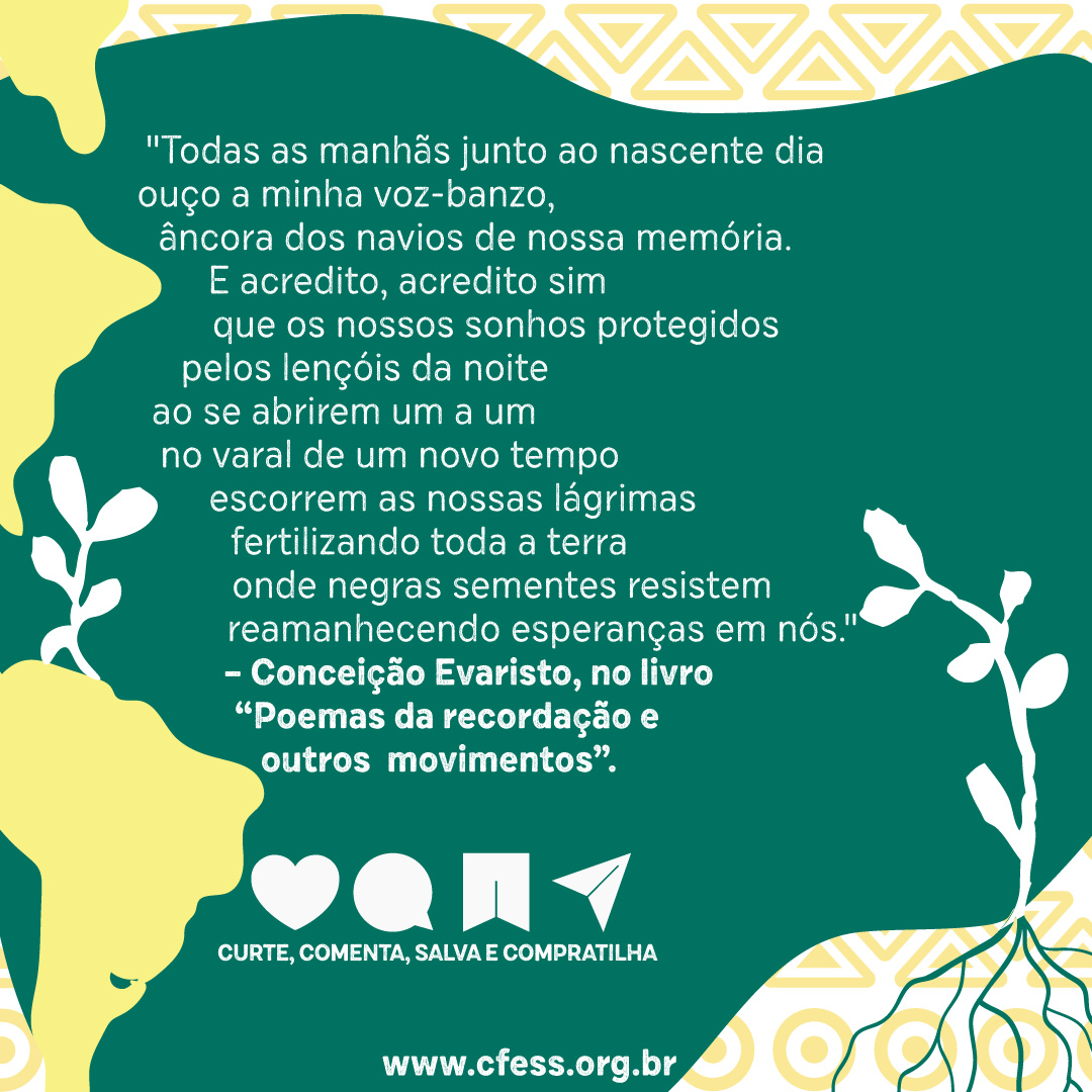 Cards com fundo branco, estampa étnica e forma abstrata em verde escuro traz desenho da América Latina e raízes com com ramos e um poesia de Conceição Evaristo.
