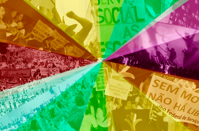 Fotomontagem com imagens de diversas manifestações com participação de assistentes sociais em 2013