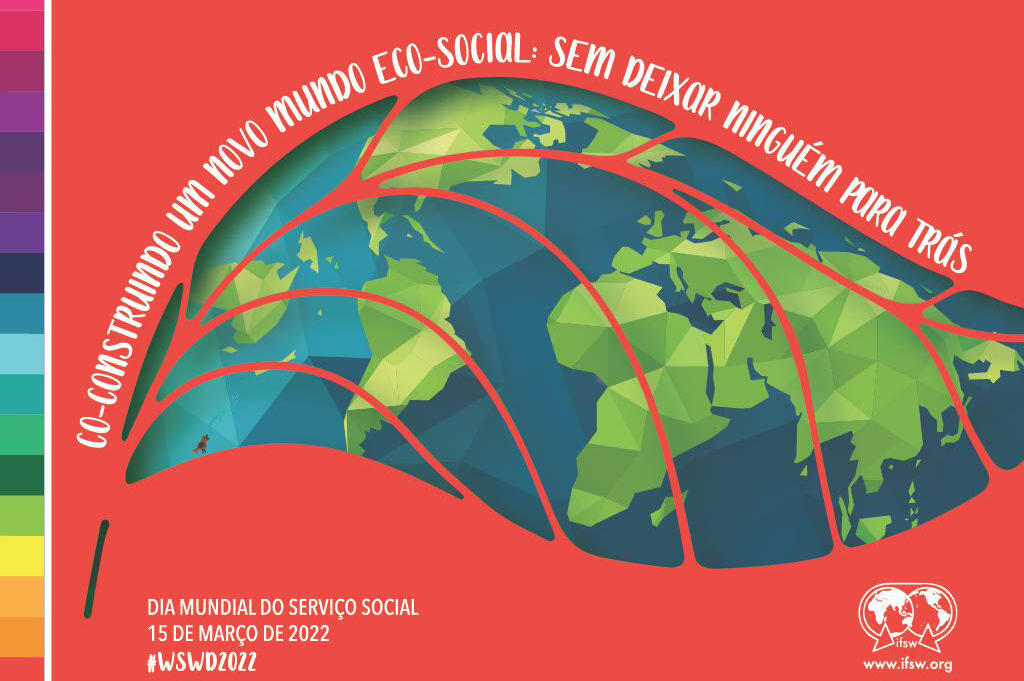 Card com fundo laranja traz a mensagem da Fits para o Dia Mundial do Serviço Social 2022, com o desenho de uma folha sendo o mapa do mundo, em referência à temática do meio ambiente. 