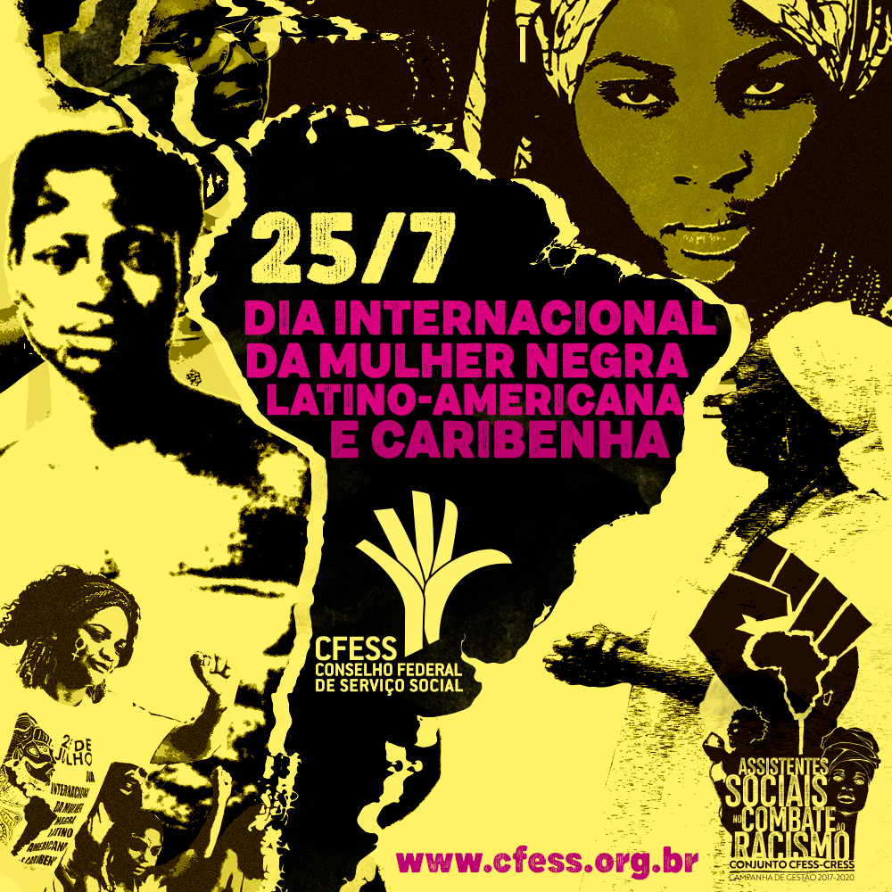 Ilustração com rostos de líderes negras, com as cores preta e amarela, em referência à campanha de gestão do Conjunto CFESS-CRESS.