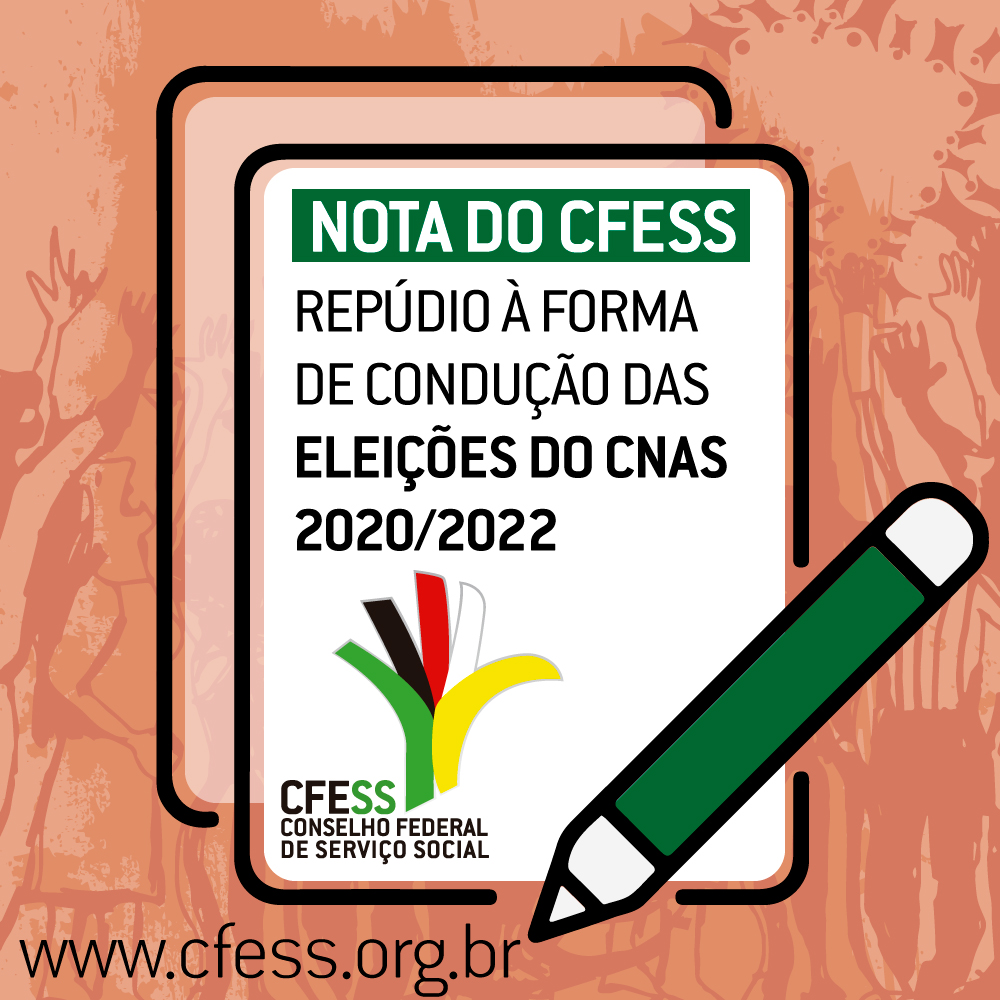 Ilustração de um tablet com o texto Nota do CFESS de Repúdio à forma de condução das eleições do CNAS.