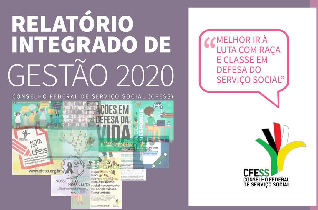 Imagem da capa do Relatório Integrado de Gestão, com um mosaico trazendo imagens de cartazes, campanhas e notas produzidas pelo CFESS ao longo de 2020.