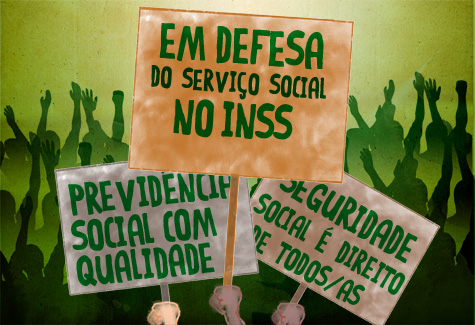 Arte criada com ilustração de mobilização em defesa do Serviço Social do INSS
