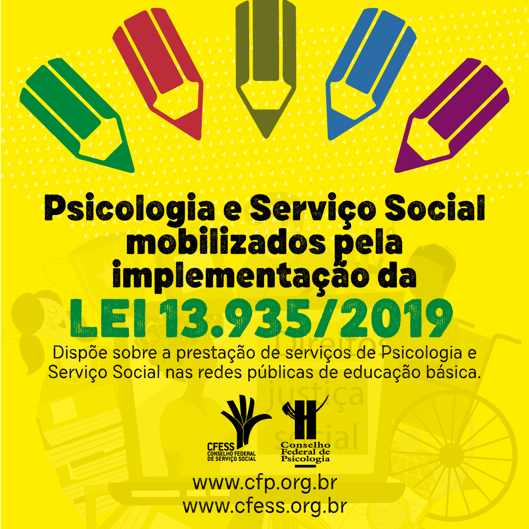 Imagem mostra uma série de desenhos de lápis coloridos apontados para o texto Psicologia e Serviço Social mobilizados para implementação da Lei 13.935