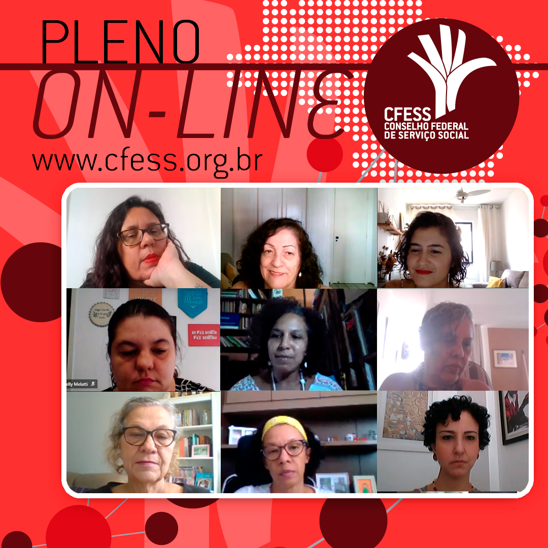 Imagem mostra uma janela virtual com rostos das representantes do CFESS em reunião do Pleno. fundo é vermelho. 