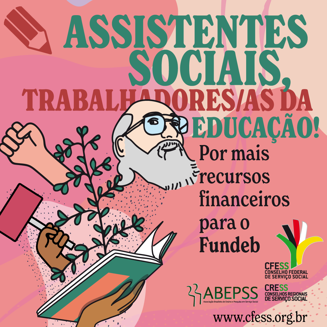 Card rosa traz desenhos do rosto de Paulo Freire, Código de Ética e punho cerrado, representando a luta da categoria como trabalhadora da Educação