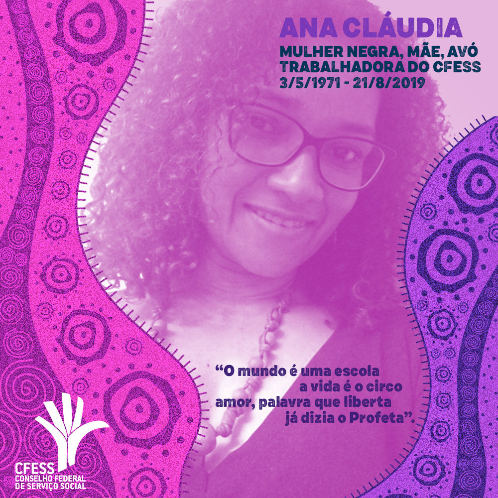 Imagem mostra fotografia da Ana Cláudia, sorrindo, em tom lilás, com ilustrações de ornamentos roxos 
