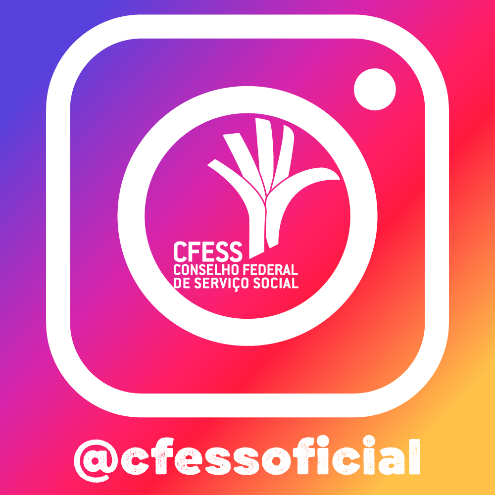 Imagem mostra uma fusão da logomarca do CFESS com a do Instagram, que é uma câmera fotográfica, em um fundo colorido peculiar do ícone da rede social