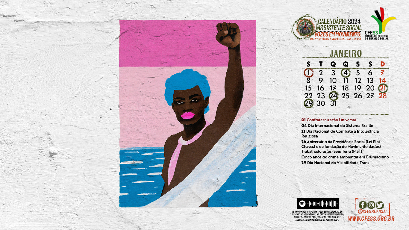 Ilustração de um homem trans negro com braço levantado e punho fechado, no fundo as cores da bandeira trans. 