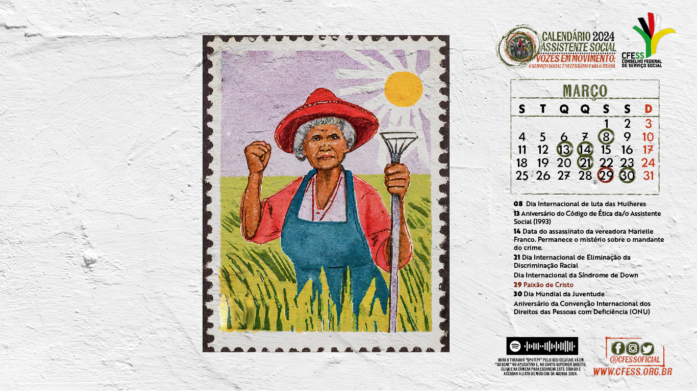 ilustração de mulher idosa agricultora, com punho fechado em sinal de luta, no meio de uma plantação.