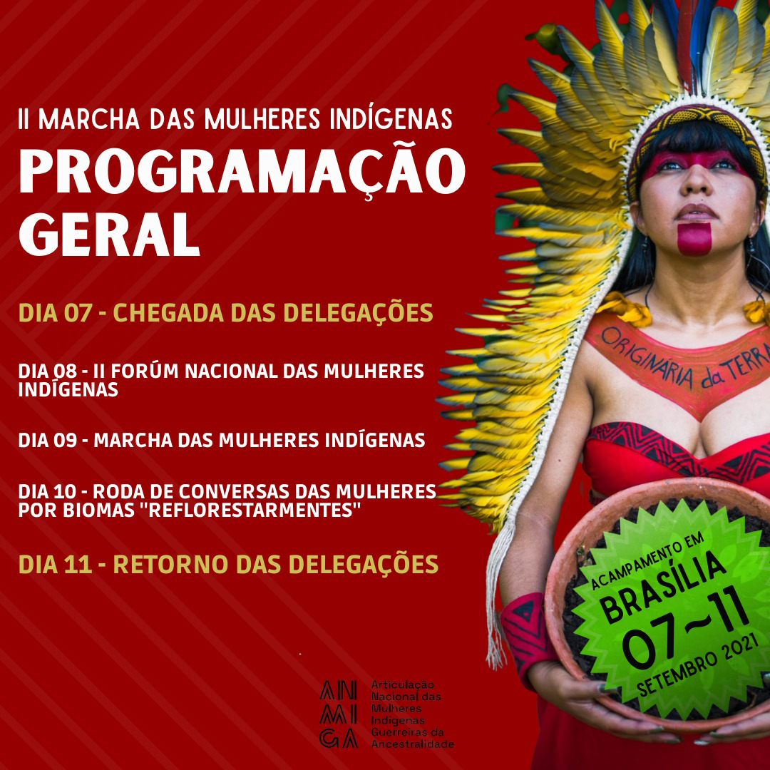 Card com fundo vermelho traz a programação da 2ª Marcha das Mulheres Indígenas. Ao lado direito, imagem de uma mulher indígena com trajes indígenas e pinturas no rosto. 