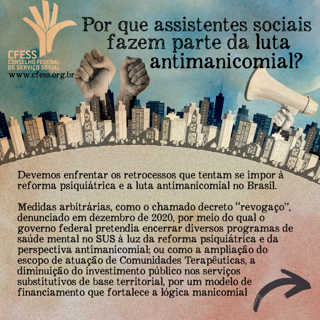 Card de divulgação do Dia Nacional da Luta Antimanicomial, com fundo azul e informações sobre o porquê de assistentes sociais fazerem parte desta luta.