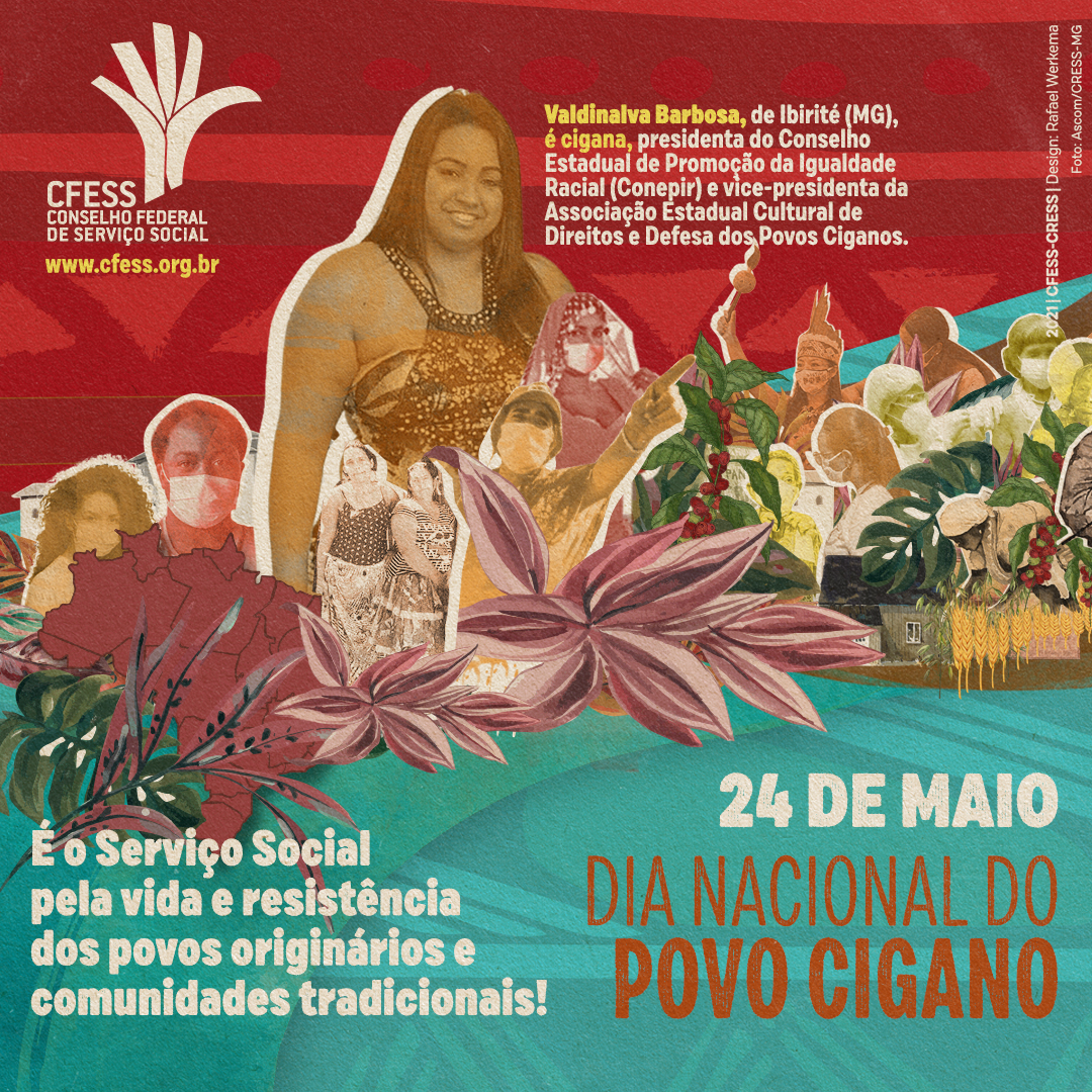 Card vermelho e azul. Em destaque, a cigana Valdinalva Barbosa, junto recortes de imagens de ciganos, indígenas e quilombolas 