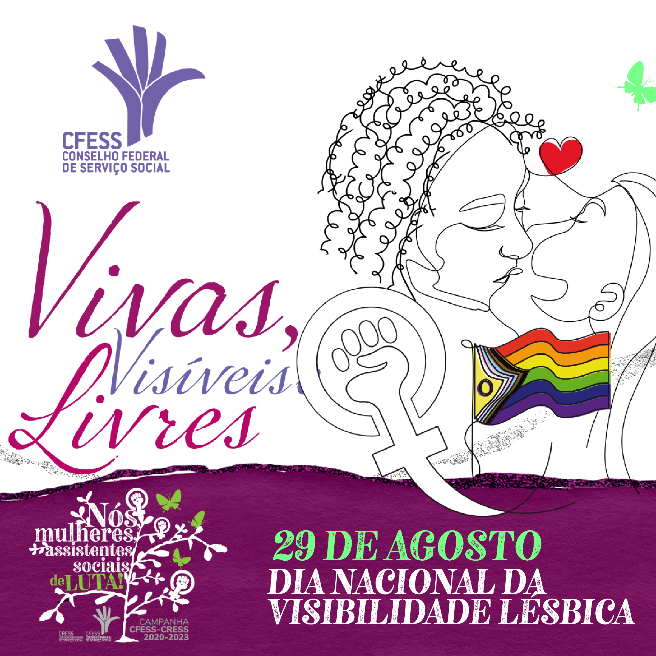card branco com rodapé roxo traz logo do CFESS e um desenho em linhas de duas mulheres, uma negra e uma branca, se beixando. Do beijo forma um coração vermelho e a bandeira LGBTIQA.