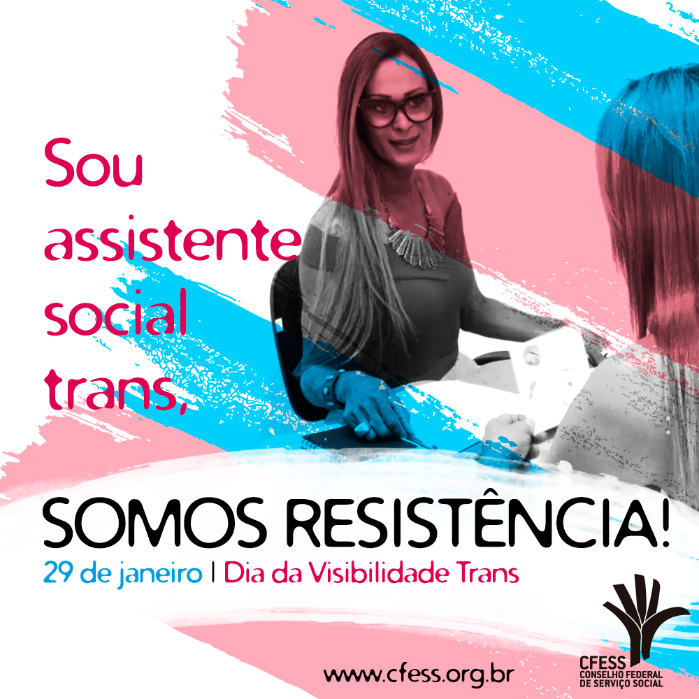 Imagem mostra uma foto da assistente social trans Cássia Pereira realizando um atendimento. A foto tem intervenção gráfica, uma pintura das cores azul e rosa, que representam o movimento Trans. 