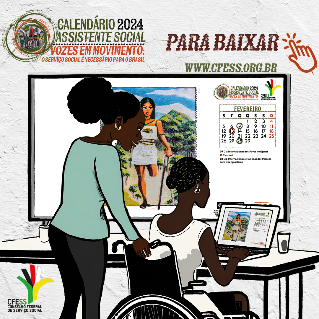 Ilustração de duas mulheres negras, uma em pé e outra em cadeira de rodas visualizando o calendário digital do CFESS no computador.