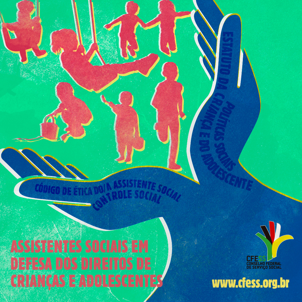 Ilustração para simbolizar a defesa dos assistentes sociais por direitos de crianças e adolescentes, com crianças brincando e livres. 