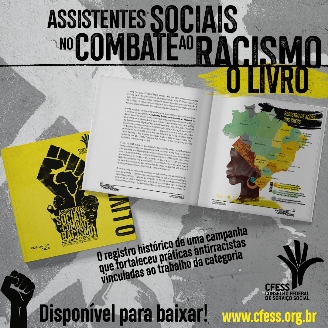Imagem mostra o livro da campanha, aberto em uma página que traz uma ilustração da cabeça de uma mulher negra com um mapa do Brasil simbolizando um turbante. 