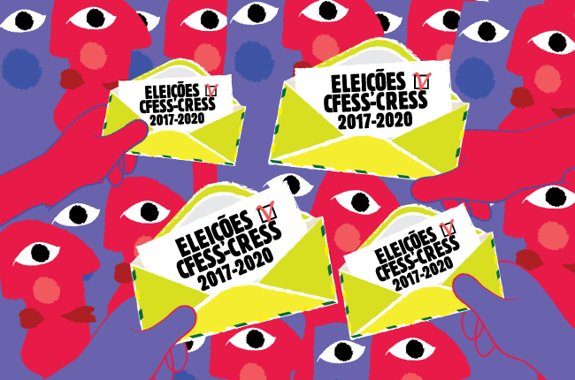 Arte de lançamento do Processo Eleitoral tem ilustrações de rostos coloridos, olhos e mãos, estas segurando um envelope como se fosse a cédula eleitoral 