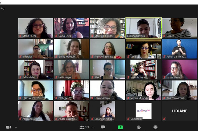 Imagem mostra participantes da plenária, com a imagem de cada pessoa em um quadro diferente, em print da reunião no aplicativo de reuniões.