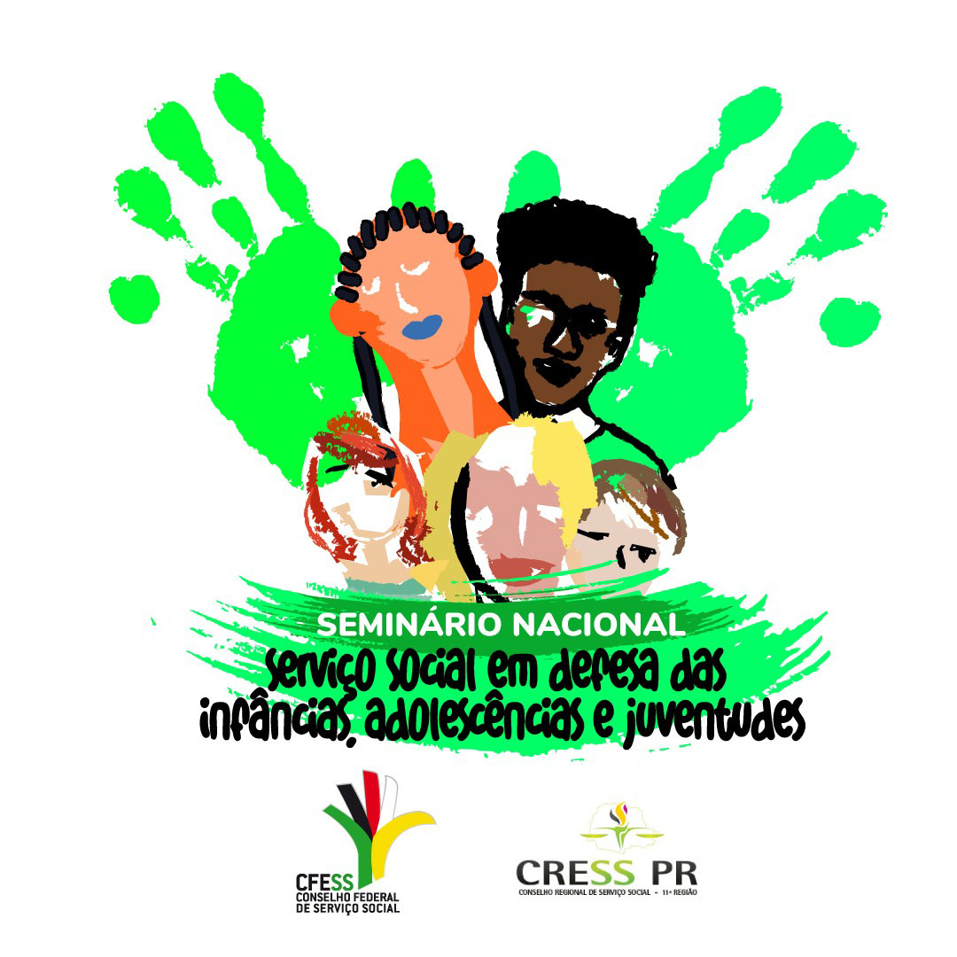 Imagem com fundo branco traz ilustração de crianças, jovens e adolescentes diferentes e também com deficiências, sobre duas pegadas de mãos na cor verde e o título do seminário. 