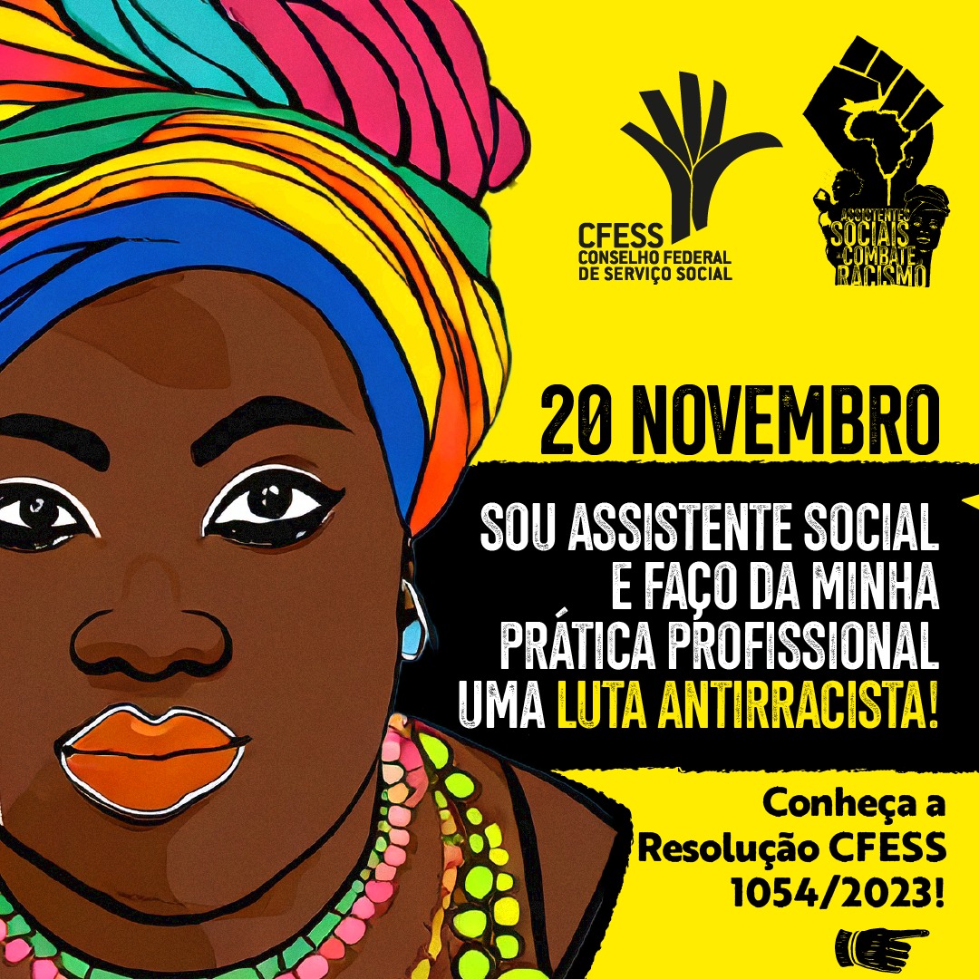 Ilustração de mulher negra com turbante colorido marca o Dia Nacional da Consciência Negra no Serviço Social.