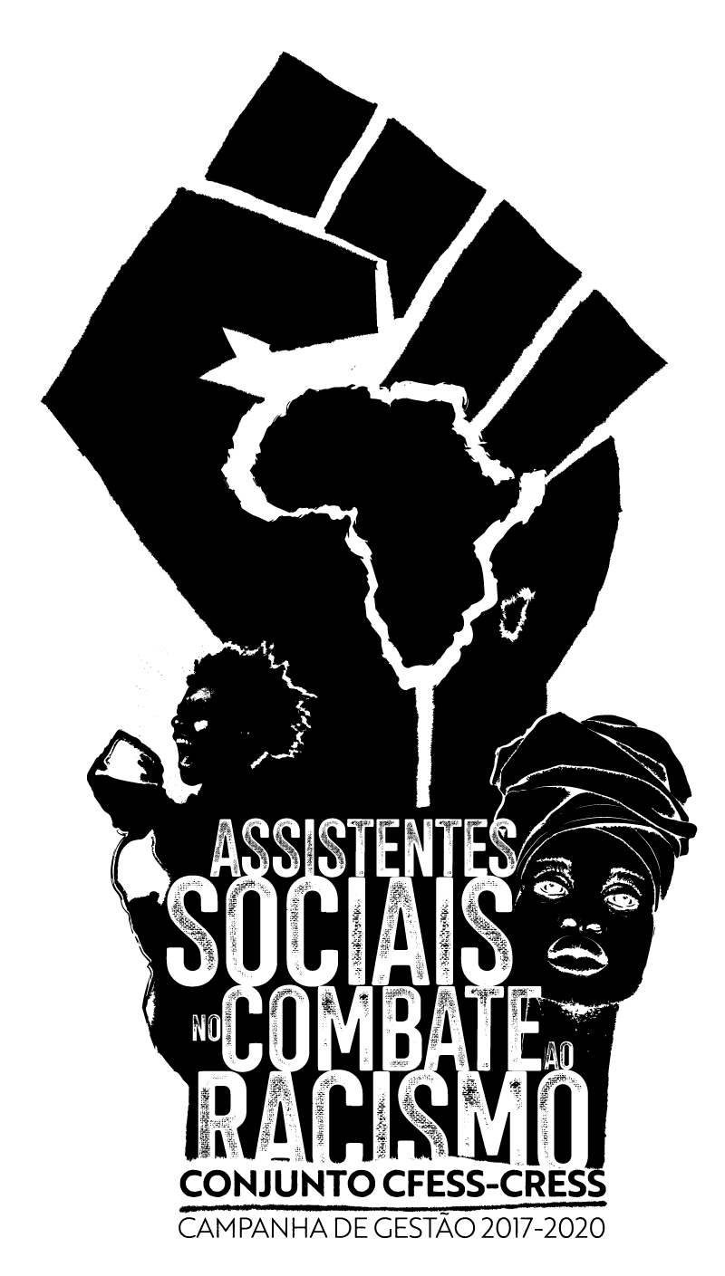 Imagem mostra logomarca da campanha em preto. A figura é um punho cerrado negro, erguido, com uma mapa da África na palma da mão, pessoas negras em volta do braço, mostrando resistência e luta
