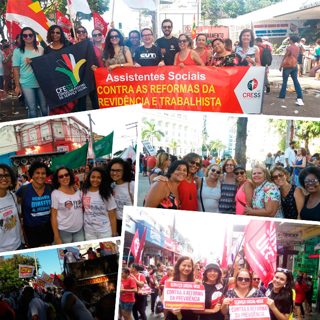 Imagem mostra colagem de fotos com assistentes sociais e conselheiras do CFESS em diversos protestos pelo Brasil