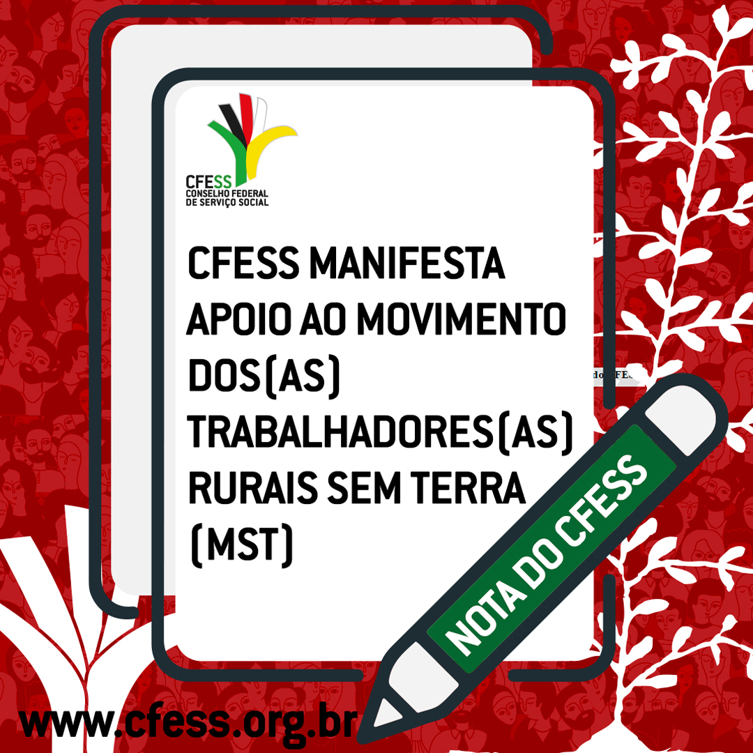Card com fundo vermelho traz ilustração de um lápis e de um tablet ao centro, com o tema da nota do CFESS, em apoio ao MST.