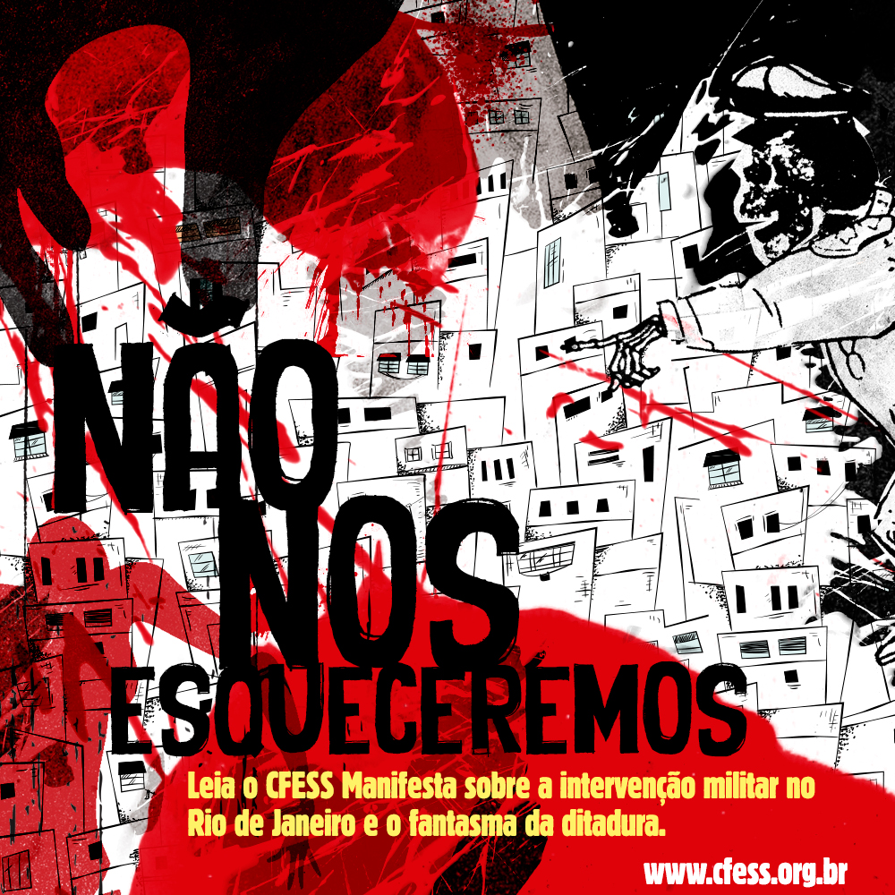 Imagem mostra ilustração digital de um coronel com rosto de caveira ordenando ataque a uma favela, já cheia de marcas de sangue.