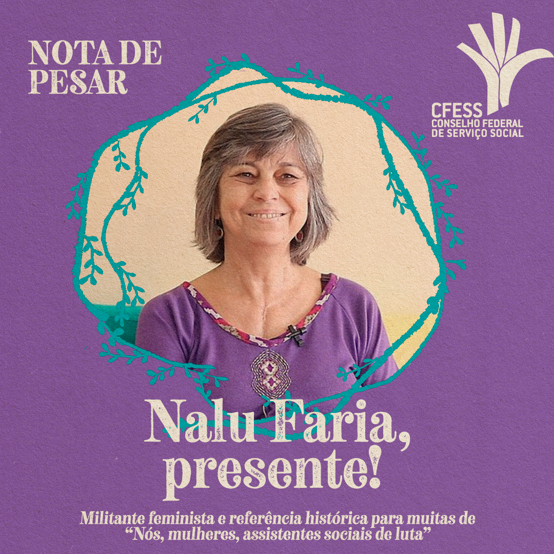 #DescriçãoDaImagem: card com cores em lilás e verde traz ao centro a foto de Nalu Faria, mulher branca sorridente de cabelos grisalhos e lisos na altura do pescoço.